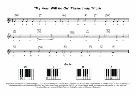 My Heart Will Go On Love Theme From Titanic Easy Piano Chords Sheet Music