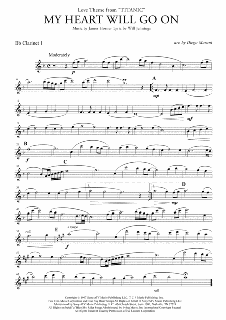 My Heart Will Go On Love Theme From Titanic For Clarinet Quartet Sheet Music