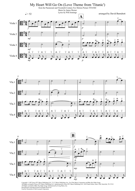 My Heart Will Go On Love Theme From Titanic For Viola Quartet Sheet Music