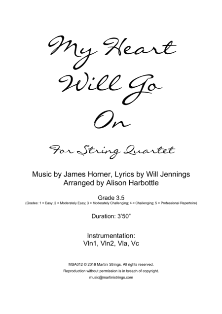 Free Sheet Music My Heart Will Go On Love Theme From Titanic String Quartet