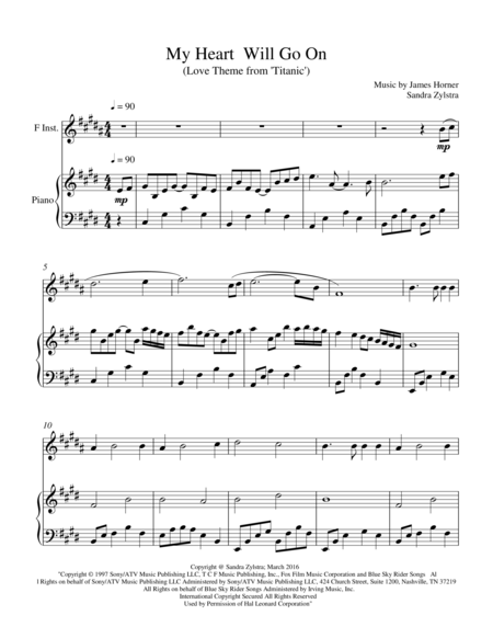 My Heart Will Go On Treble F Instrument Solo Sheet Music