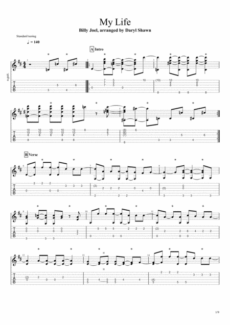 My Life Billy Joel For Solo Fingerstyle Guitar Sheet Music