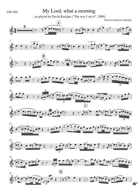 My Lord What A Morning Solo In Eb Alto Sax Sheet Music