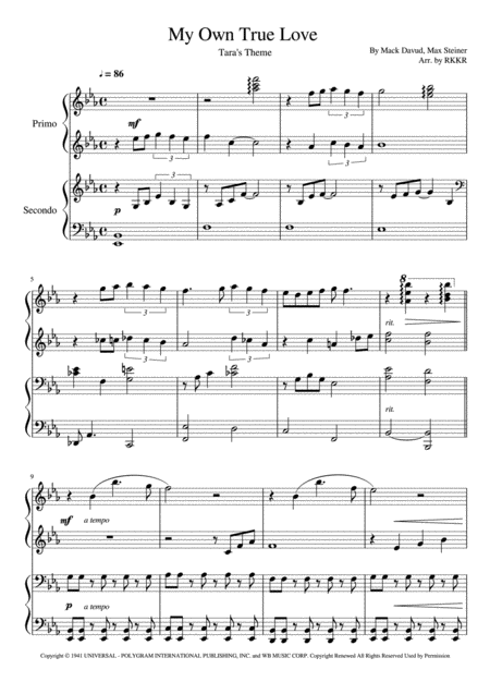 My Own True Love Piano Duet Sheet Music