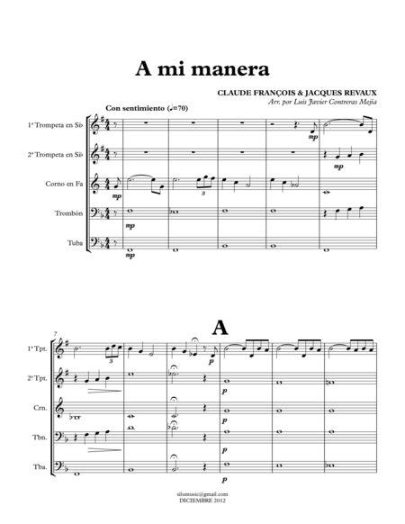 Free Sheet Music My Way A Mi Manera Brass Quintet Score Parts