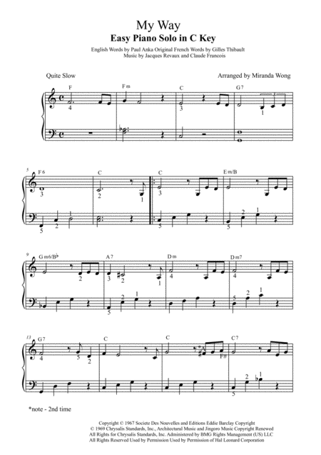 Free Sheet Music My Way Easy Piano Solo In C Key With Fingerings