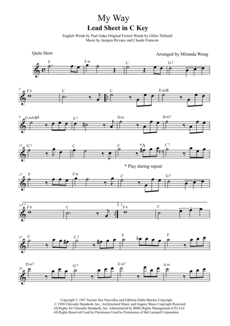 My Way Lead Sheet In C Key With Chords Sheet Music