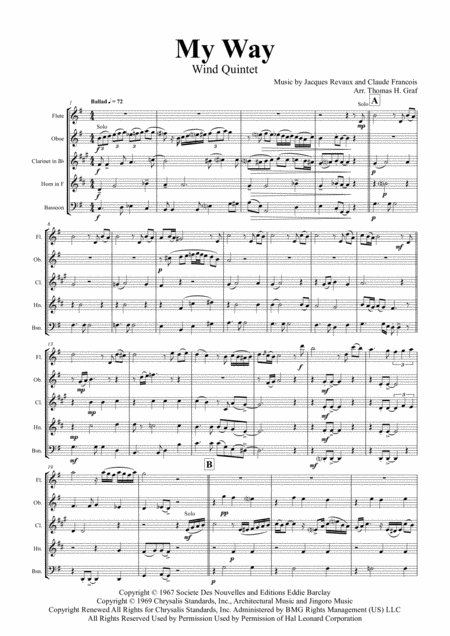 Free Sheet Music My Way Sinatra Wind Quintet