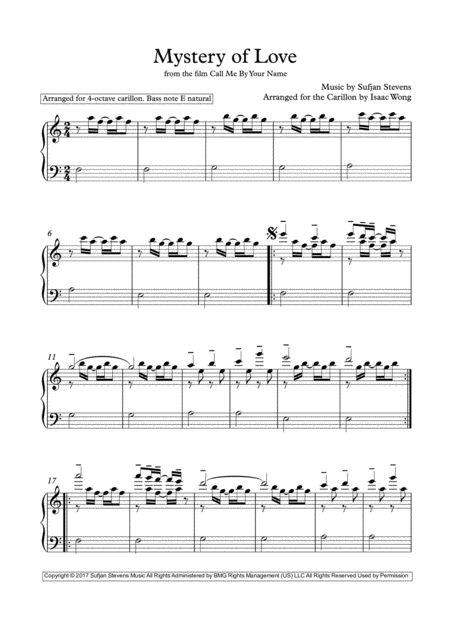 Mystery Of Love From The Film Call Me By Your Name Arranged For The Carillon In A Minor Sheet Music