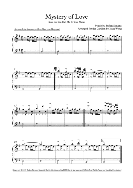 Mystery Of Love From The Film Call Me By Your Name Arranged For The Carillon In E Minor Sheet Music