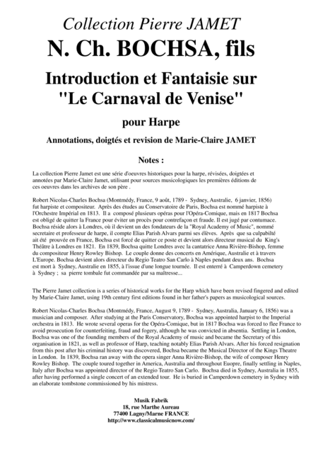 N Ch Bochsa Fils Introduction Et Fantaisie Sur Le Carnaval De Venise Pour Harpe Sheet Music