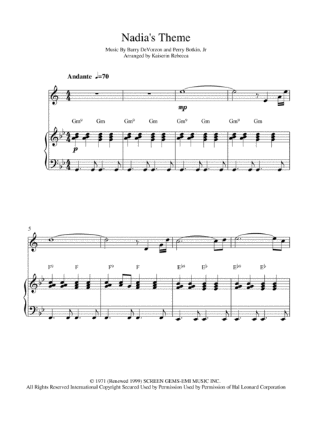 Free Sheet Music Nadias Theme Soprano Saxophone Solo And Piano Accompaniment