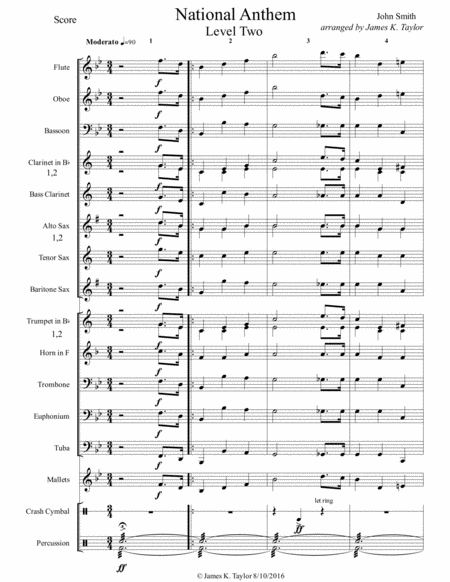 Free Sheet Music National Anthem Level Two