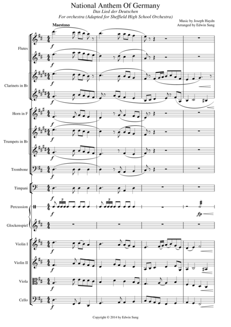 Free Sheet Music National Anthem Of Germany Suitable For Intermediate Orchestra Adapted For Sheffield High School Orchestra