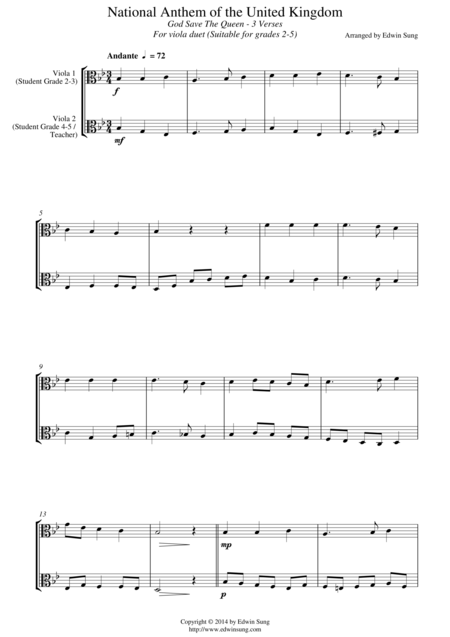 National Anthem Of The United Kingdom For Viola Duet Suitable For Grades 2 5 Sheet Music