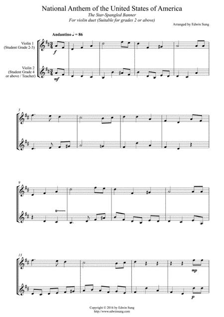 Free Sheet Music National Anthem Of The United States Of America For Violin Duet Suitable For Grades 2 5