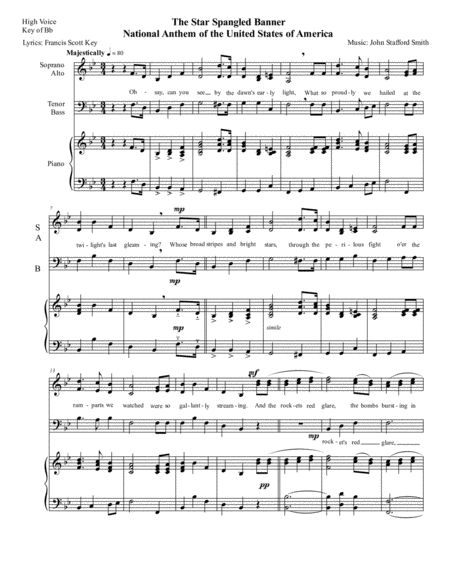 National Anthem The Star Spangled Banner For 3 Part Sab Mixed Choir With Optional Keyboard Accompaniment High Key Of Bb Sheet Music