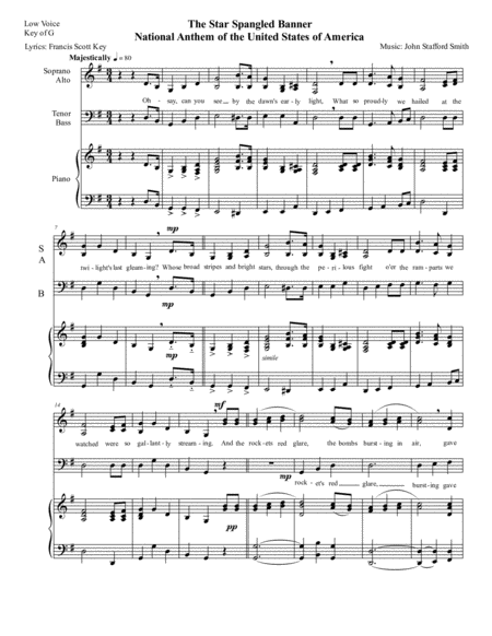 National Anthem The Star Spangled Banner For Easy 3 Part Sab Choir In The Low Key Of G Sheet Music