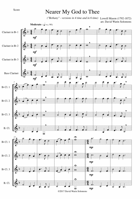 Nearer My God To Thee Bethany For Clarinet Quartet 3 Clarinets And 1 Bass Or 4 Clarinets Sheet Music