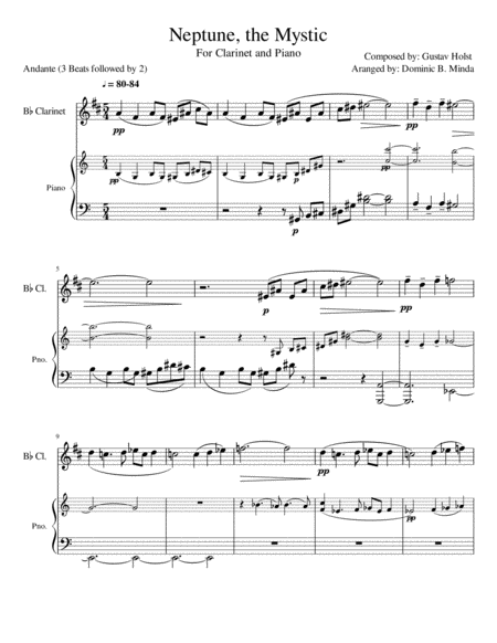 Free Sheet Music Neptune From The Planets For Clarinet And Piano