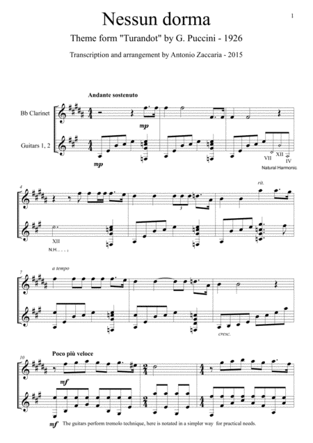 Nessun Dorma Aria From Turandot Puccini Arranged By A Zaccaria For Guitar And Bb Clarinet Or Flute Sheet Music