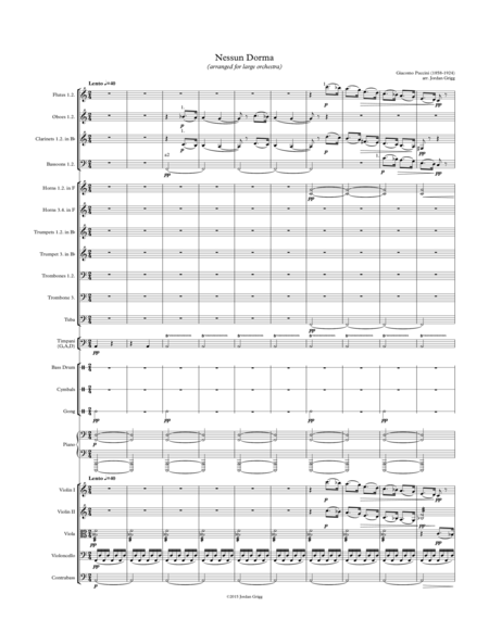 Nessun Dorma Arranged For Large Orchestra Sheet Music