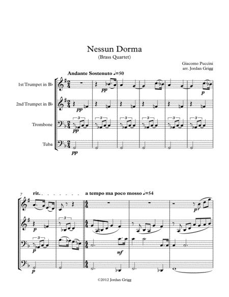 Nessun Dorma Brass Quartet Sheet Music