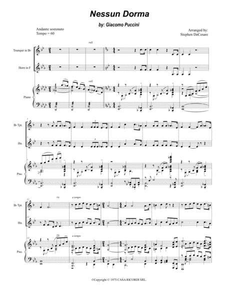 Nessun Dorma Duet For Bb Trumpet French Horn Sheet Music