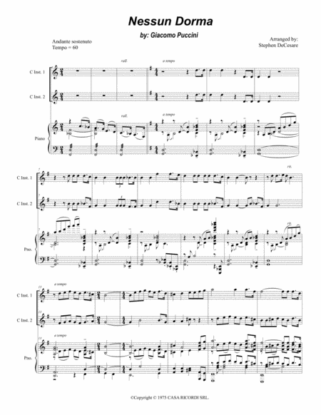 Nessun Dorma Duet For C Instruments Sheet Music