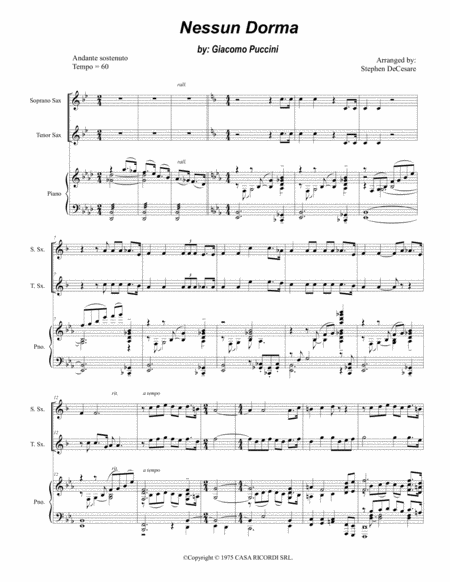 Nessun Dorma Duet For Soprano Tenor Saxophone Sheet Music