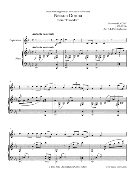 Free Sheet Music Nessun Dorma Euphonium And Piano