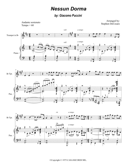 Nessun Dorma For Bb Trumpet Solo And Piano Sheet Music