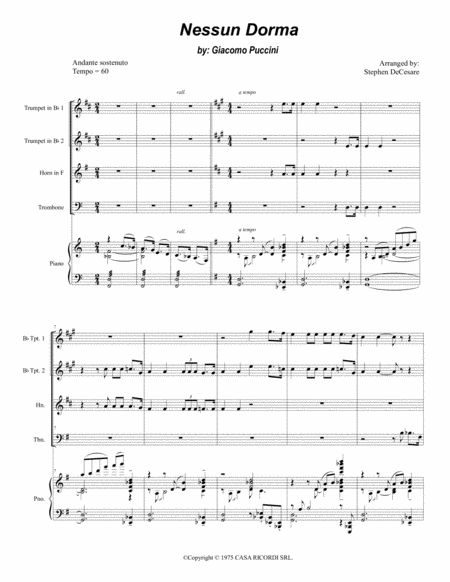 Nessun Dorma For Brass Quartet And Piano Sheet Music