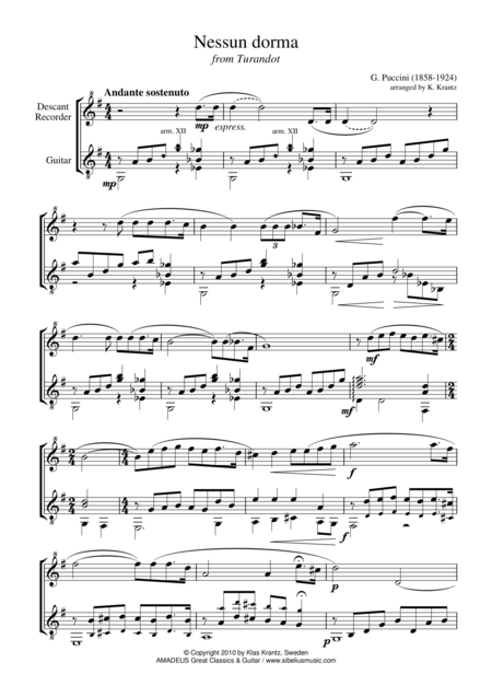 Free Sheet Music Nessun Dorma For Descant Recorder And Guitar