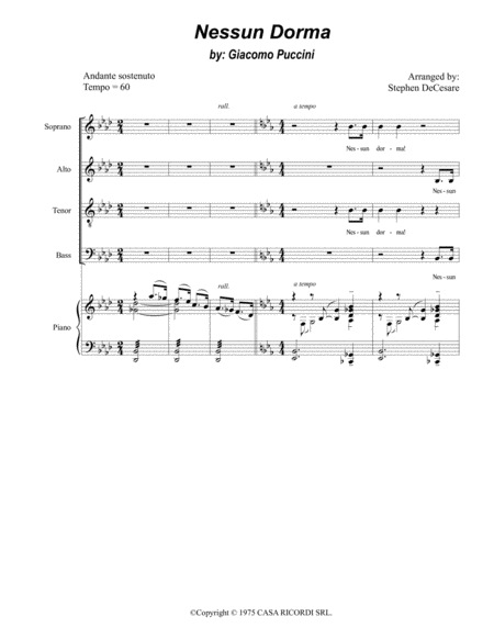 Free Sheet Music Nessun Dorma For Satb