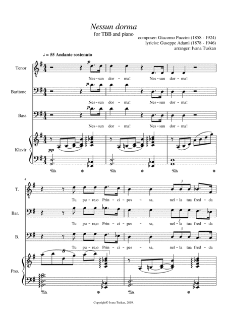 Nessun Dorma For Tbb And Piano G Major Sheet Music