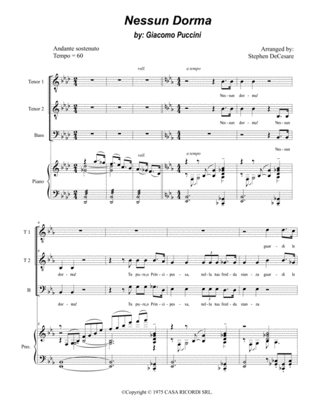 Free Sheet Music Nessun Dorma For Ttb