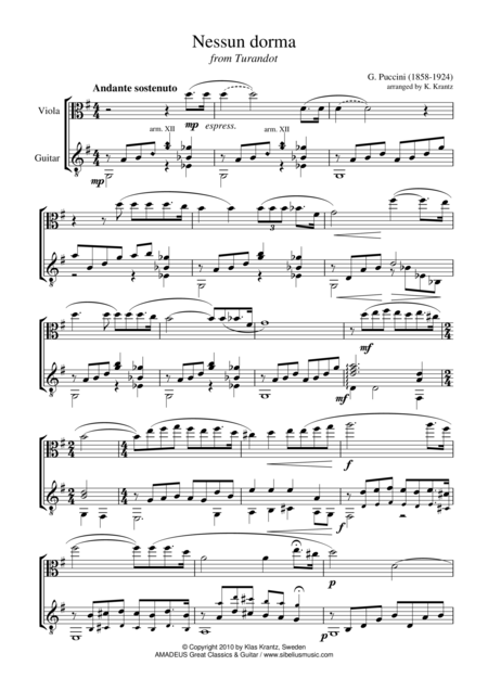 Free Sheet Music Nessun Dorma For Viola And Guitar