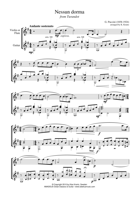 Nessun Dorma For Violin Or Flute And Guitar Sheet Music