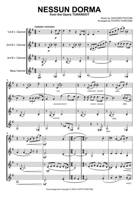 Free Sheet Music Nessun Dorma Giacomo Puccini Clarinet Quartet