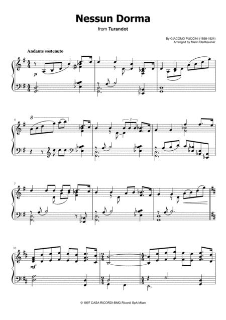 Free Sheet Music Nessun Dorma Puccini Piano Solo