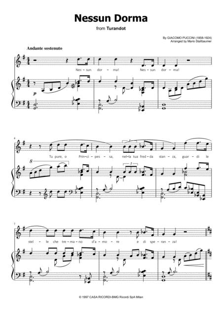 Free Sheet Music Nessun Dorma Puccini