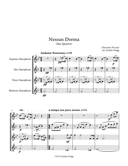 Free Sheet Music Nessun Dorma Sax Quartet