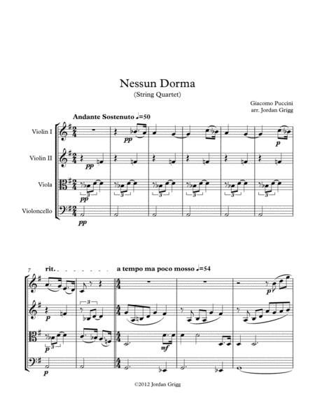 Free Sheet Music Nessun Dorma String Quartet