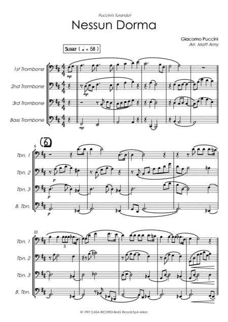 Nessun Dorma Trombone Quartet Sheet Music