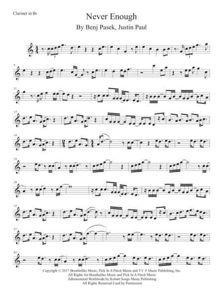 Never Enough Easy Key Of C Clarinet Sheet Music