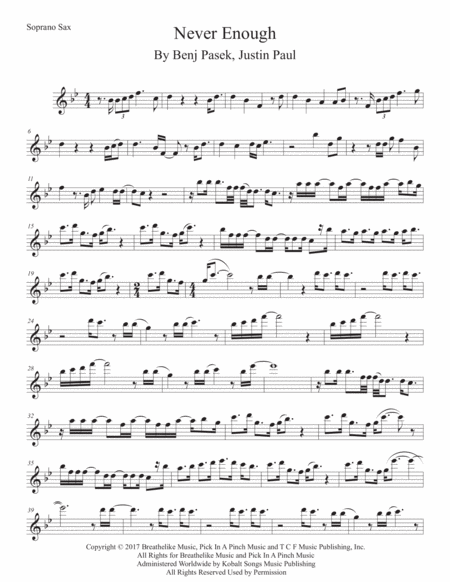 Free Sheet Music Never Enough Original Key Soprano Sax