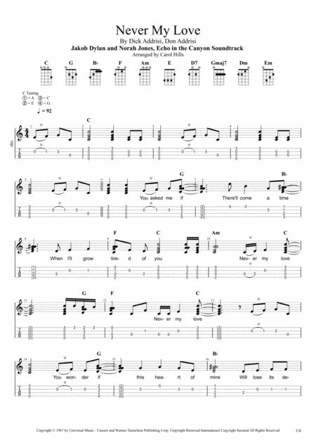 Never My Love Ukulele Chord Melody Solo With Tab Sheet Music