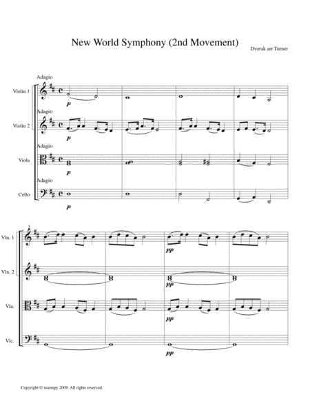 Free Sheet Music New World Symphony 2nd Movement By Dvorak Arranged For String Quartet