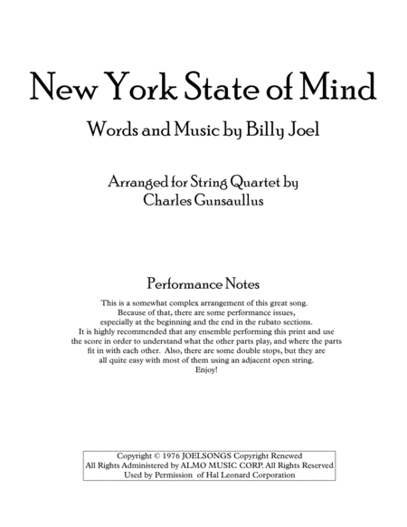 New York State Of Mind String Quartet Sheet Music